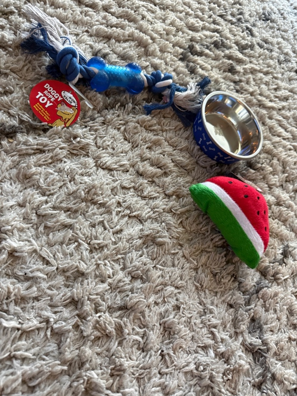Dog Toy Bundle with Blue Rope Toy, Stainless Bowl & Watermelon Plush